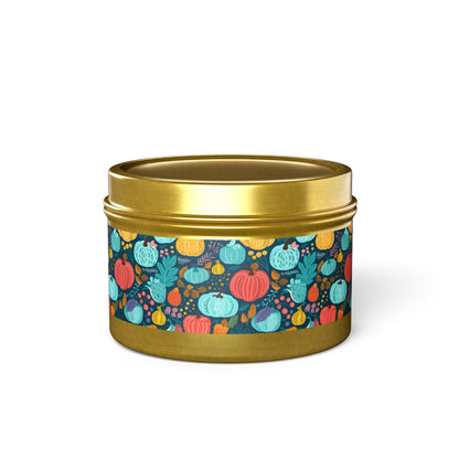 Fall Pumpkin Dance Tin Candle. Autumn's Dance in a Tin. Available in 2 sizes, 3 finishes, and 5 scents.