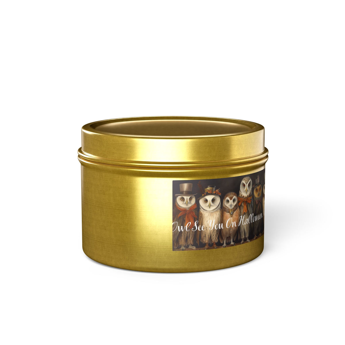Owl See You on Halloween Night! Tin Candle. A Wise Glow for Spooky Nights. Available in 2 sizes, 3 finishes, and 5 scents.