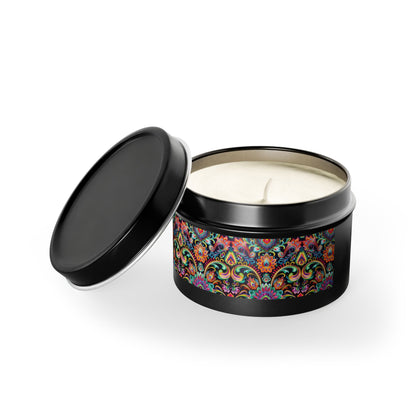 Electric Damask Tin Candle. Timeless Scrollwork, Electric Soul. Available in 2 sizes, 3 finishes, and 5 scents.