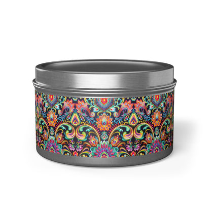Electric Damask Tin Candle. Timeless Scrollwork, Electric Soul. Available in 2 sizes, 3 finishes, and 5 scents.