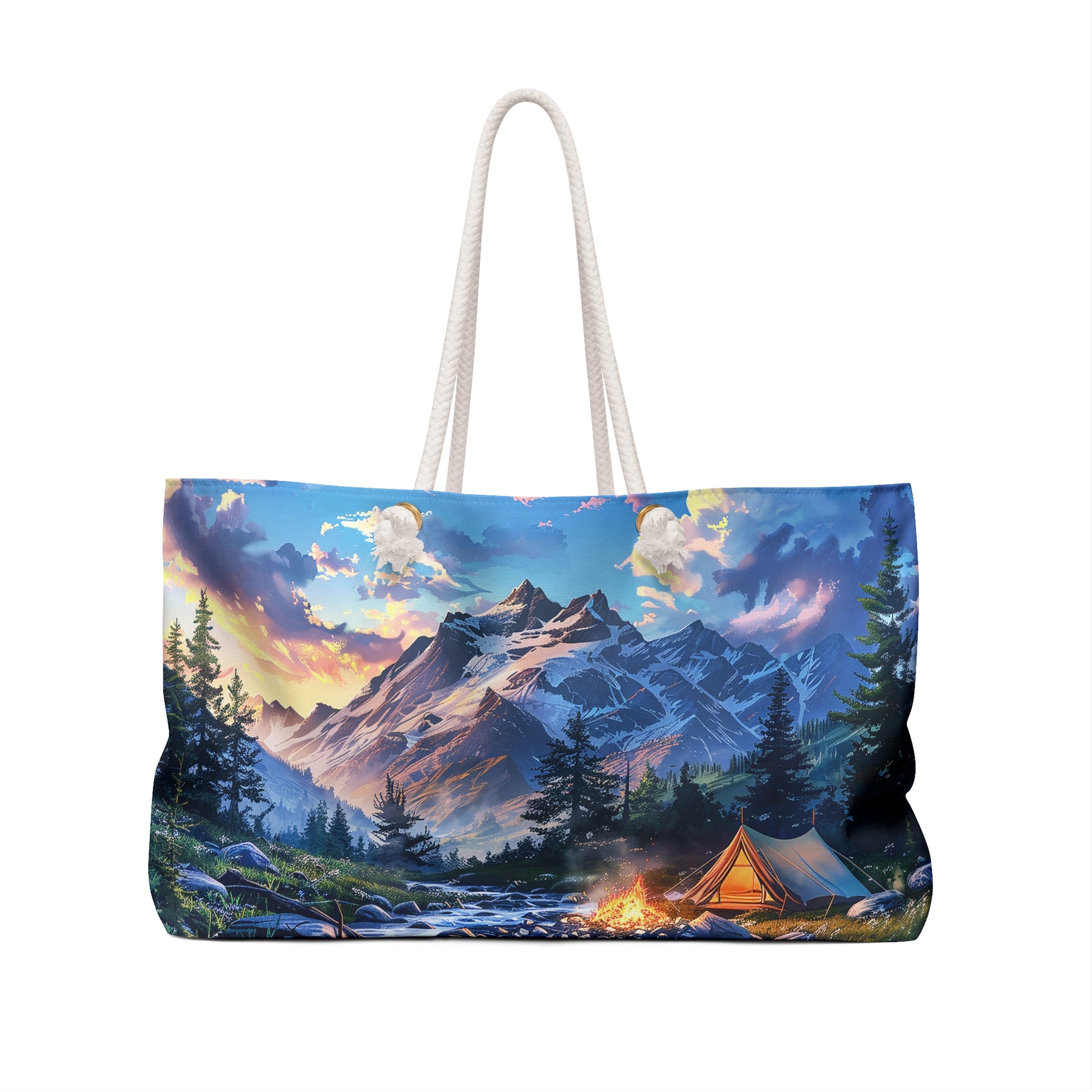 Mountain Creekside Campfire Weekender Bag - Embrace the Wilderness - Where Rocky Peaks Meet Tranquil Streams!