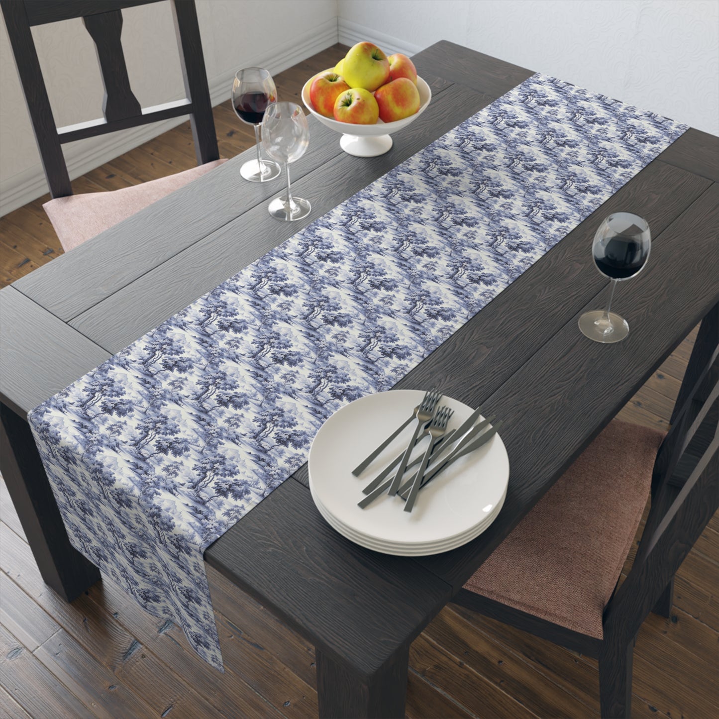 Blue & White English Countryside Table Runner - Cotton Twill - Available in 2 sizes: 16" x 72" and 16" x 90".