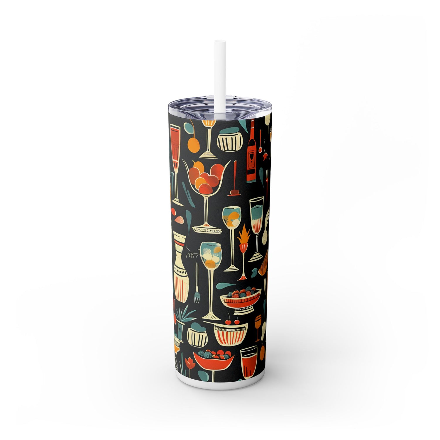 Midcentury Cocktail Soirée Skinny Tumbler with Straw - 20 oz. Insulated Stainless Steel - Sip in Retro Style, Straight from the Midcentury!"
