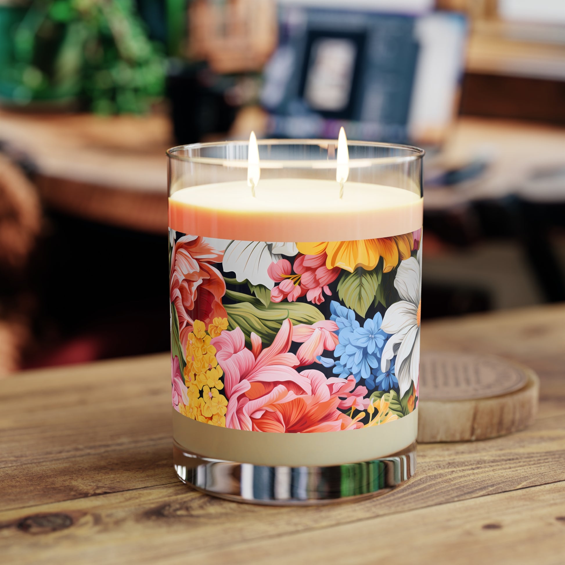 Chic Floral 100% Soy Wax Scented Candle. 11 oz. Full Glass, Phthlate-Free & Lead-Free Two-Wick Candle, Three Fragrance Options.
