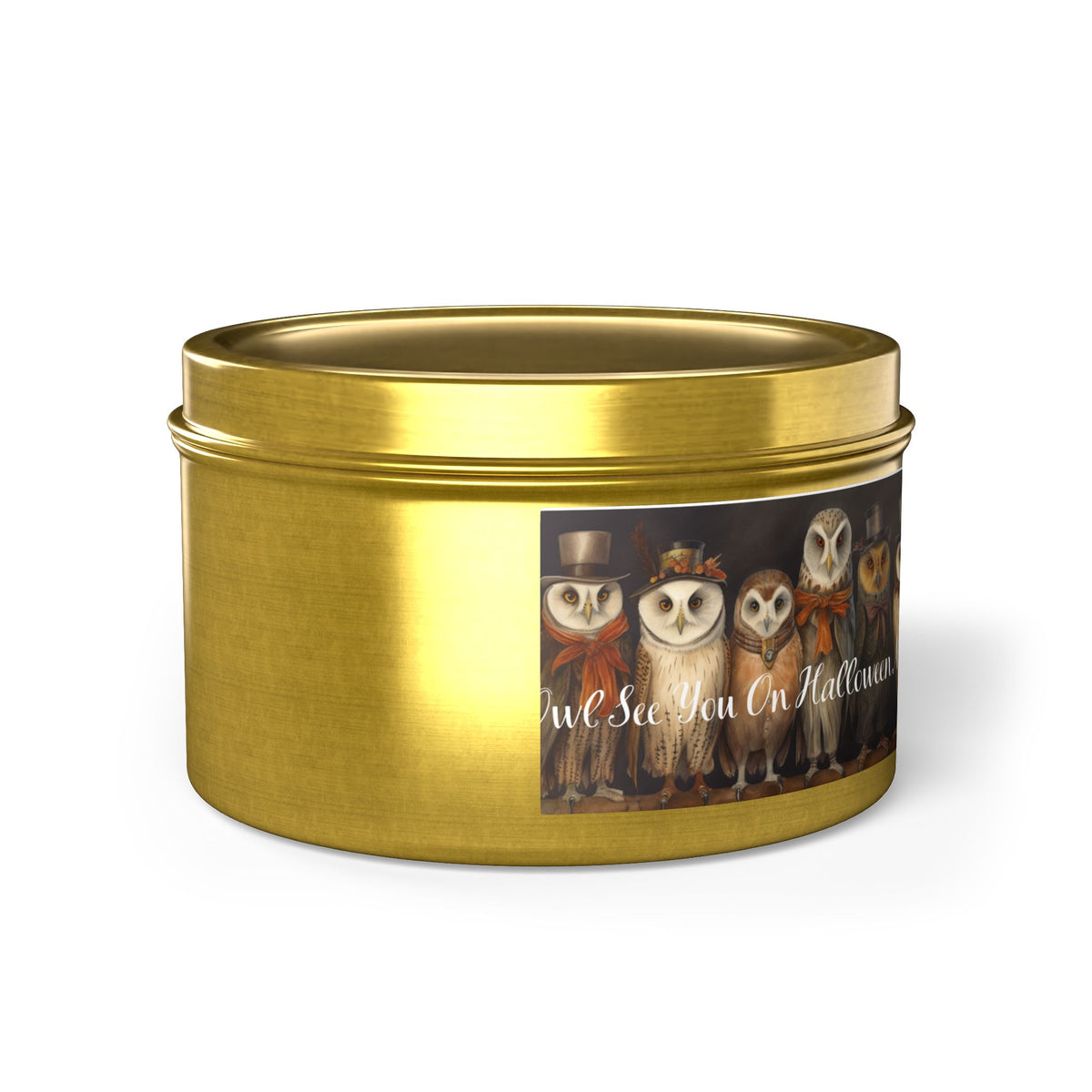 Owl See You on Halloween Night! Tin Candle. A Wise Glow for Spooky Nights. Available in 2 sizes, 3 finishes, and 5 scents.
