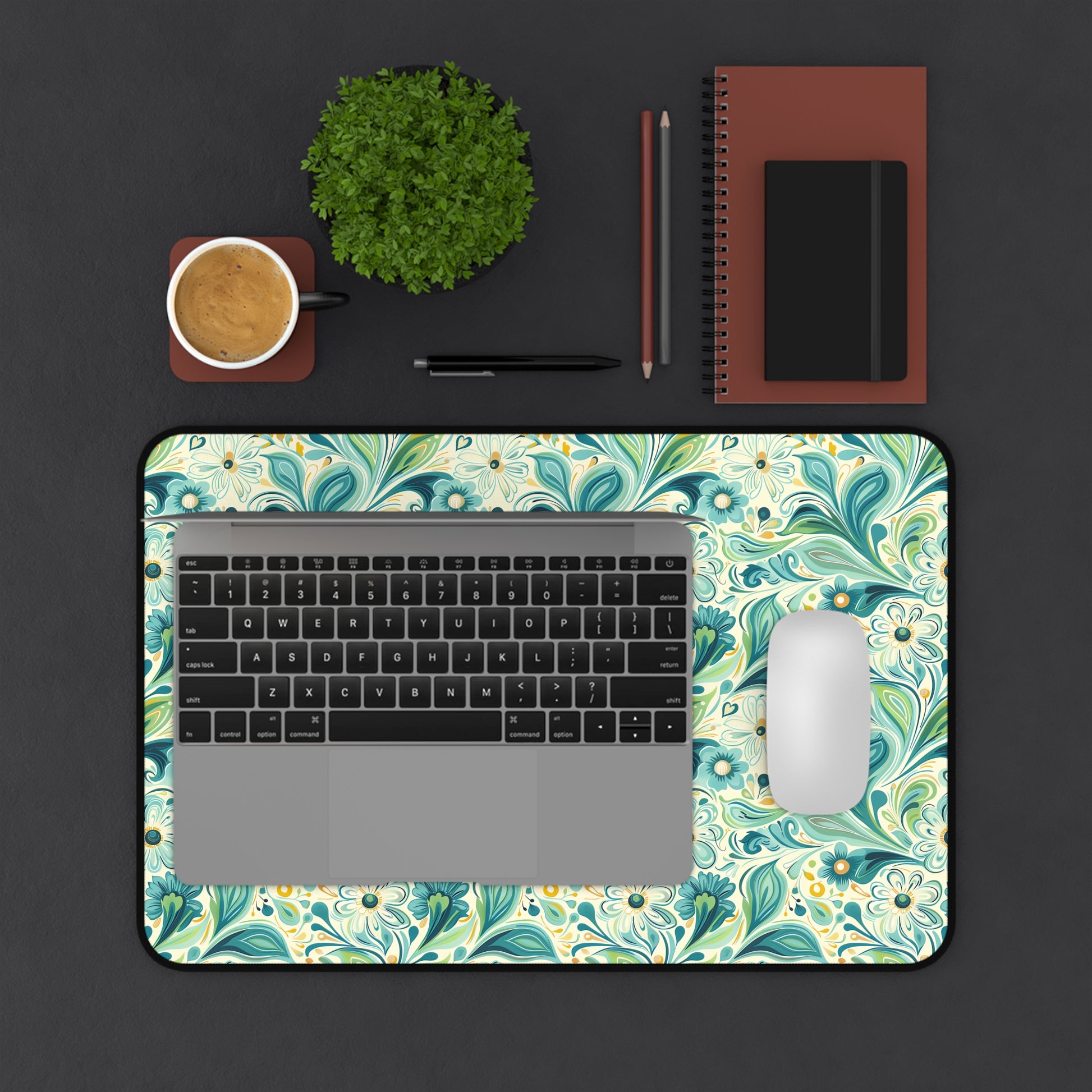 Whimsical Teal Floral Garden Desk Mat (Desk Pad) - Let Your Desk Bloom with Whimsy! Available in 3 sizes.