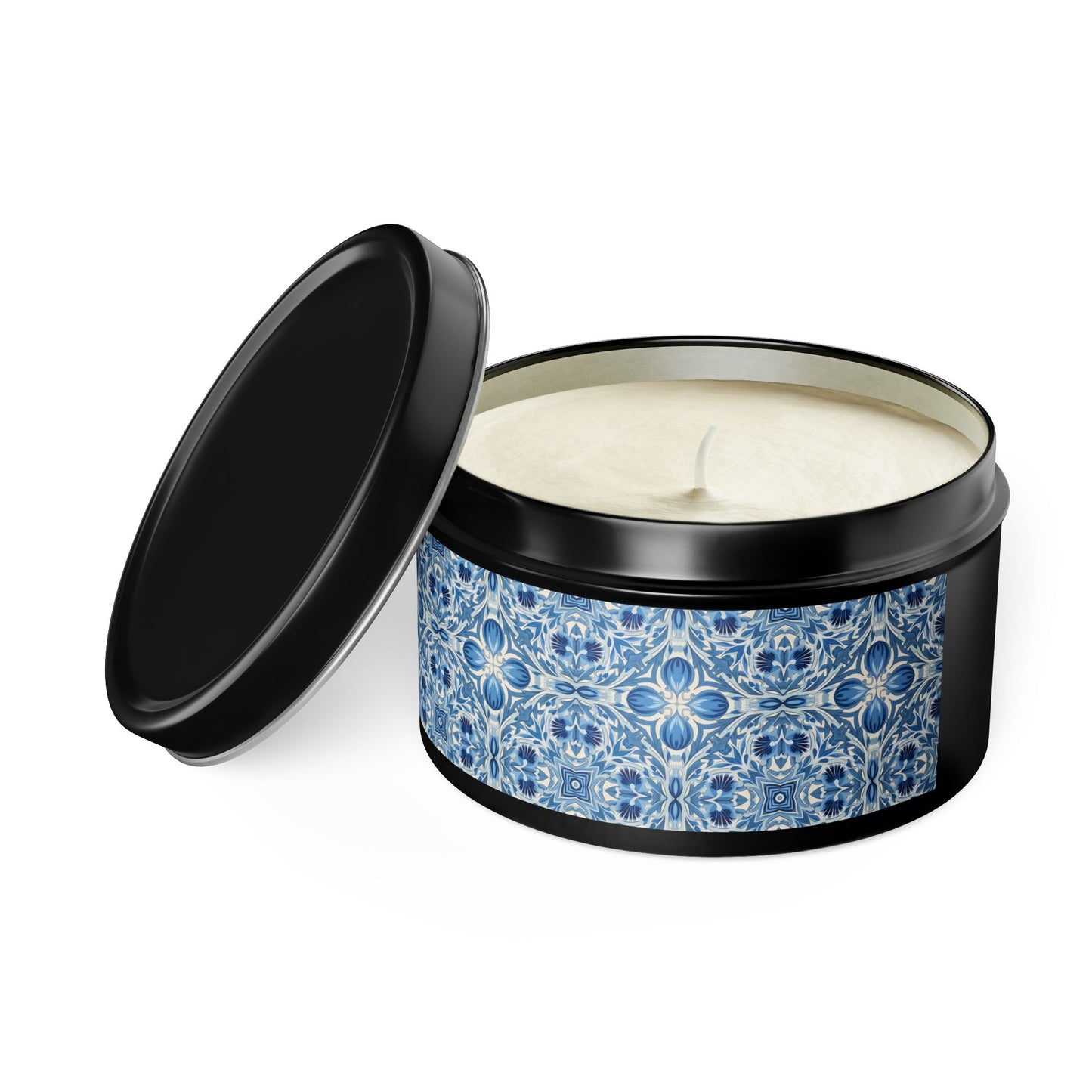 Dutch Blue Tile Tin Candle. Delft Calm, Travel Size. Available in 2 sizes, 3 finishes, and 5 scents.