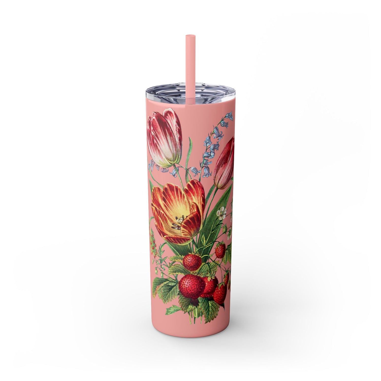 Vintage Tulip Trio Treasure Skinny Tumbler with Straw - 20 oz. Insulated Stainless Steel - Savor Every Sip with a Vintage Floral Twist!