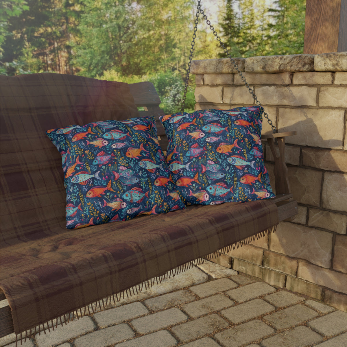 Fun Fish Square Outdoor Pillow - Spun Polyester - Double-Sided Print - UV-Resistant - Water-Resistant - Available in 3 sizes.