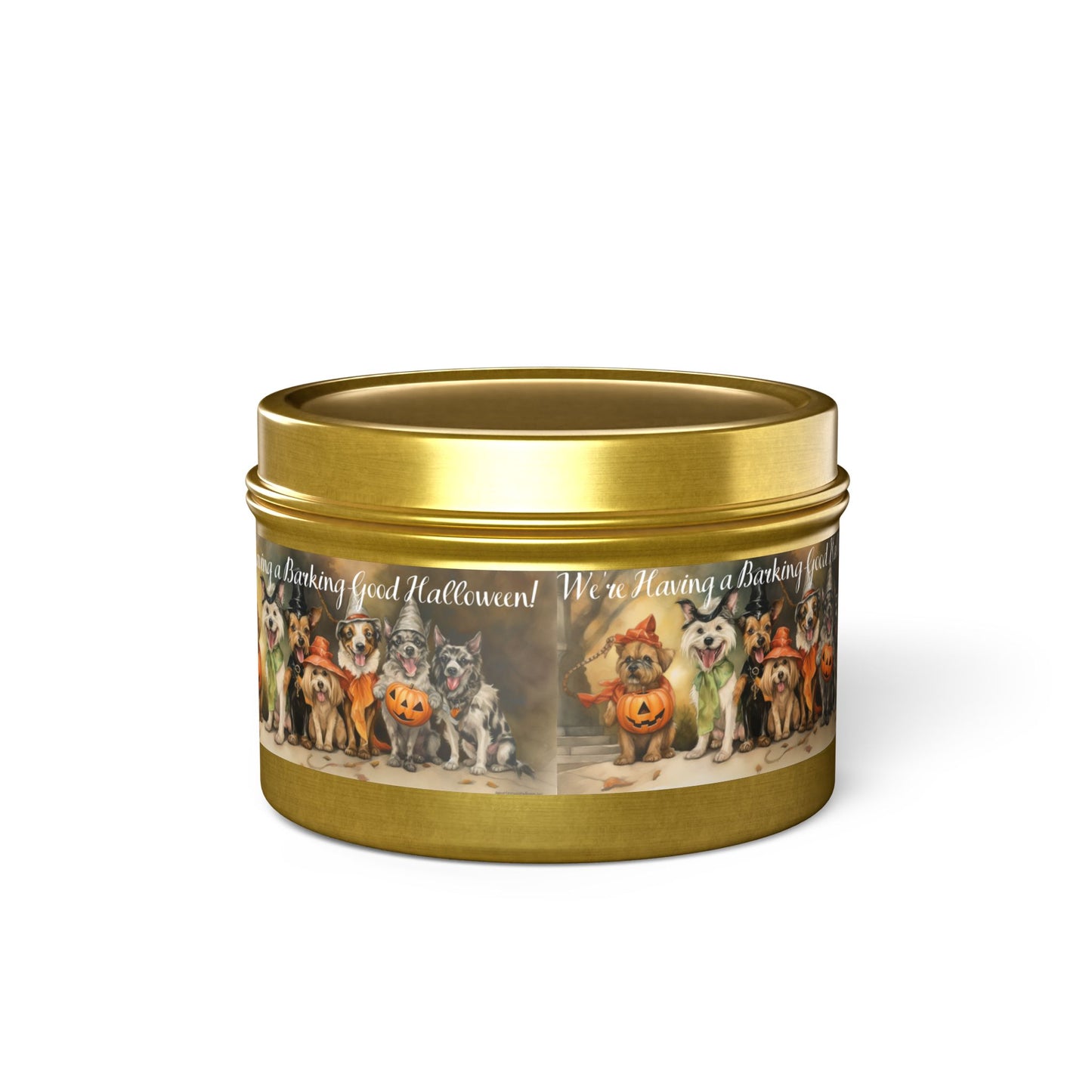We're Having a Barking Good Halloween! Tin Candle. Spooky Treats in a Tin. Available in 2 sizes, 3 finishes, and 5 scents.