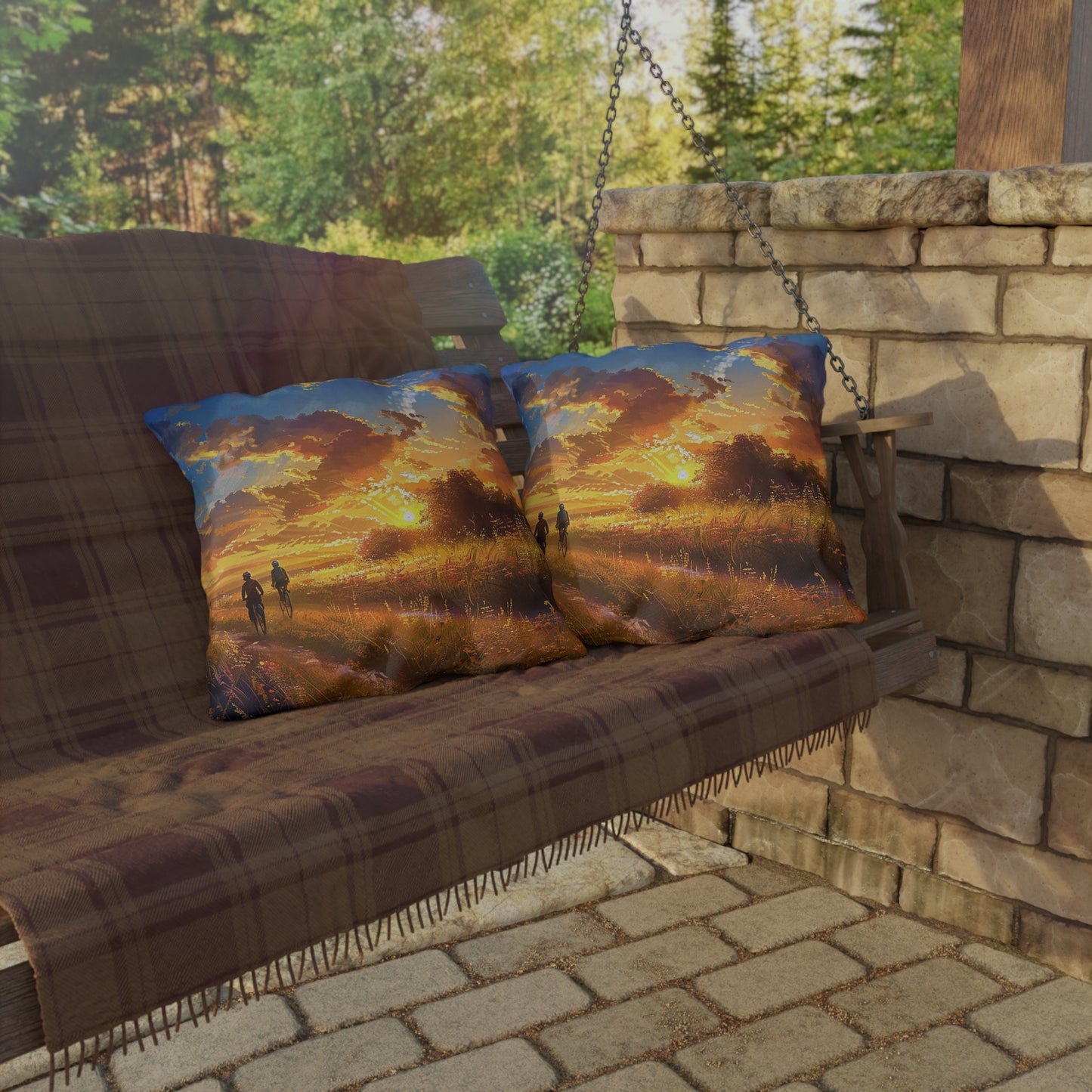 Golden Sunset Ride Square Outdoor Pillow - Spun Polyester - Double-Sided Print - UV-Resistant - Water-Resistant - Available in 3 sizes.