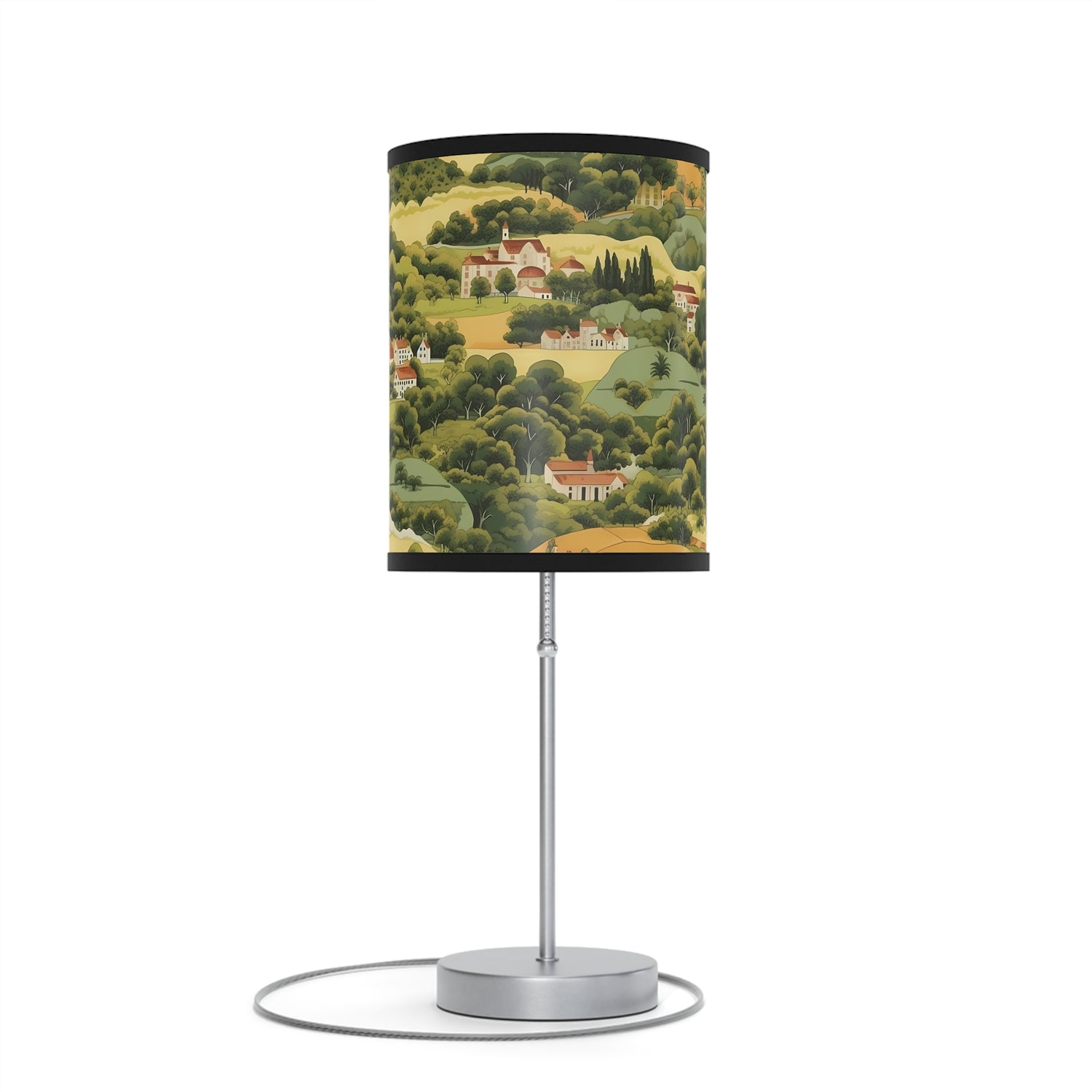 European Countryside Tapestry Modern Table Lamp, 20" Tall, Metal Stand, US|CA Plug, Available in 2 Finishes & Multiple Trim Colors