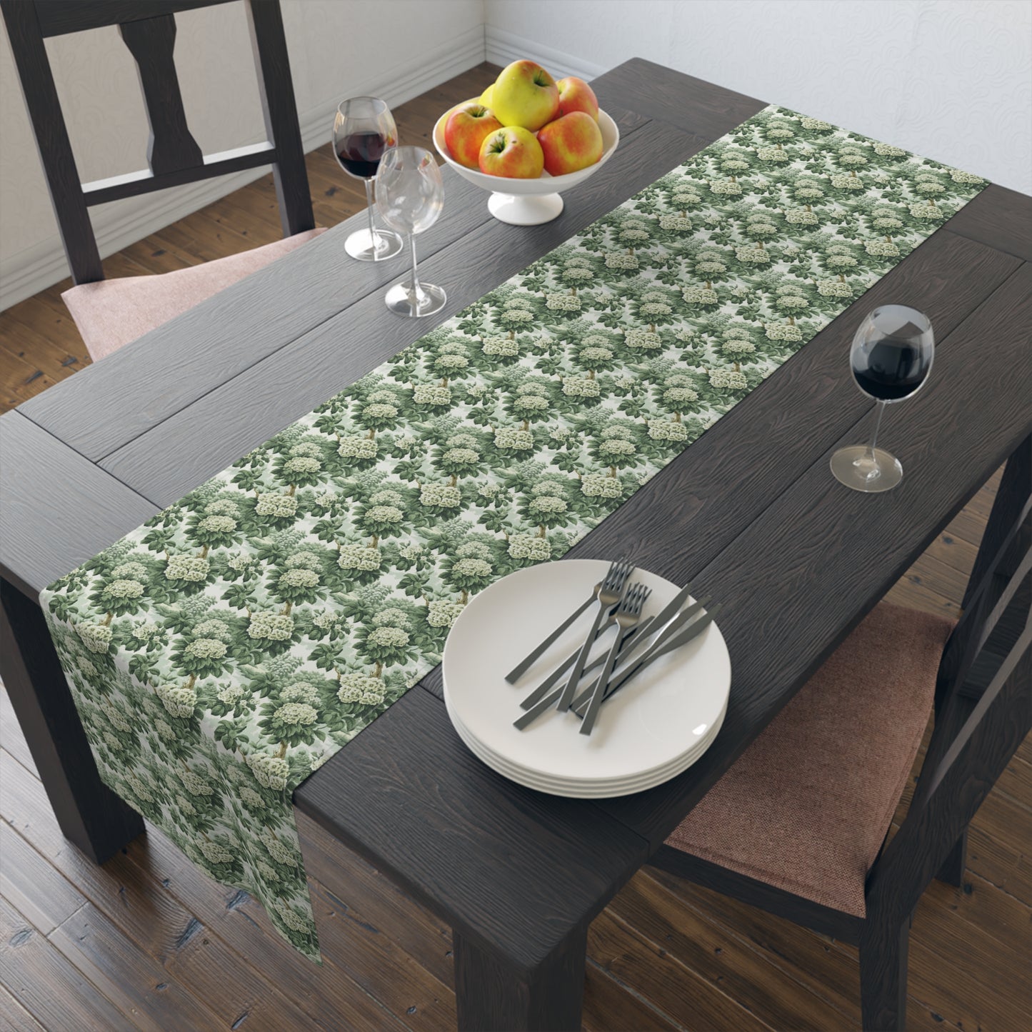Vintage Green Hydrangea Table Runner - Cotton Twill - Available in 2 sizes: 16" x 72" and 16" x 90".