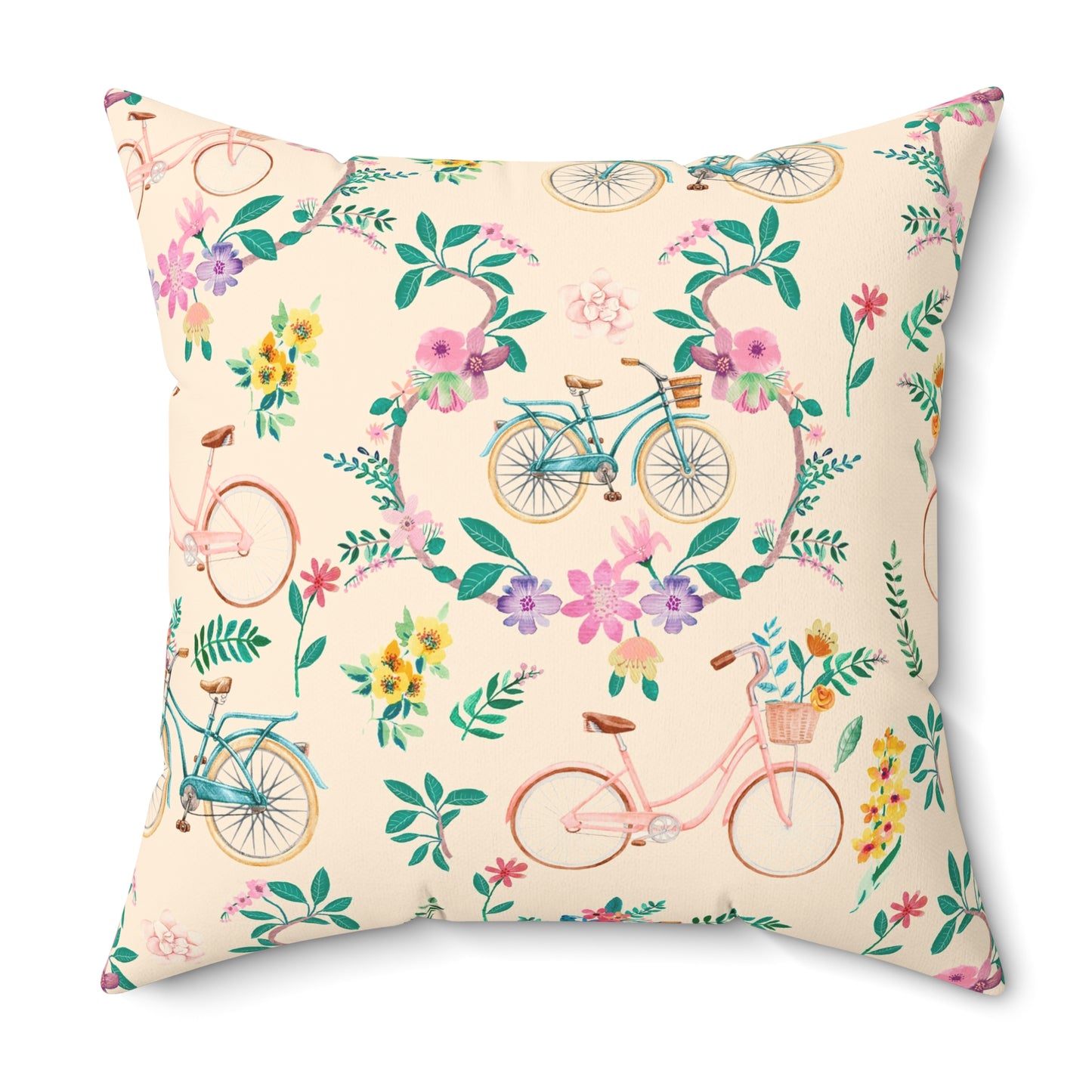 Spring Bicycle Square Throw Pillow - Spun Polyester - Double-Sided Print - Concealed Zipper - Available in 4 sizes