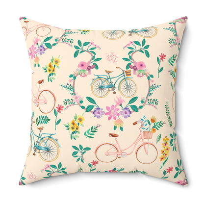 Spring Bicycle Square Throw Pillow - Spun Polyester - Double-Sided Print - Concealed Zipper - Available in 4 sizes