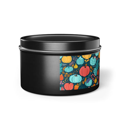 Fall Pumpkin Dance Tin Candle. Autumn's Dance in a Tin. Available in 2 sizes, 3 finishes, and 5 scents.