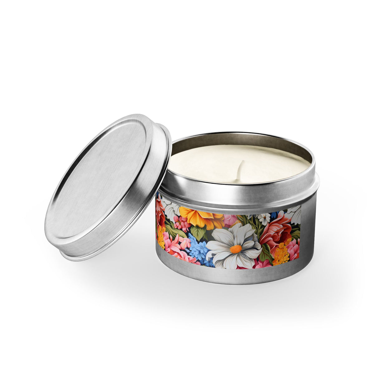 Chic Floral Tin Candle. Blooms That Travel Well. Available in 2 sizes, 3 finishes, and 5 scents.