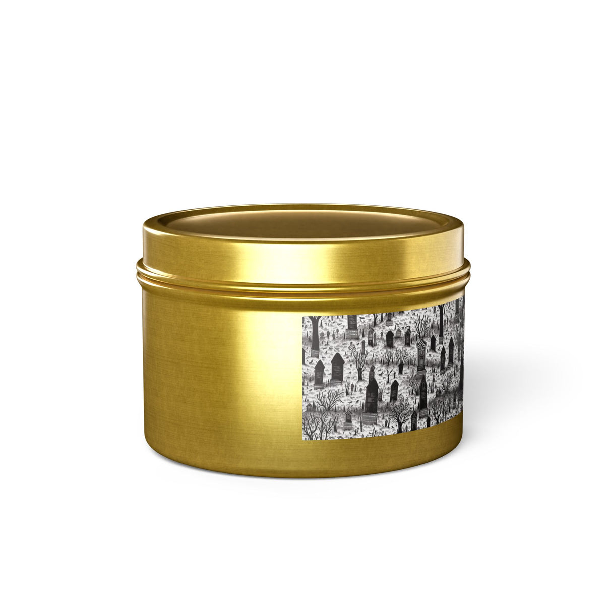 Spooky Gothic Cemetery Chic Halloween Tin Candle. Haunted Elegance, Travel Size. Available in 2 sizes, 3 finishes, and 5 scents.