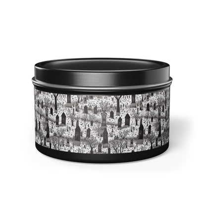 Spooky Gothic Cemetery Chic Halloween Tin Candle. Haunted Elegance, Travel Size. Available in 2 sizes, 3 finishes, and 5 scents.