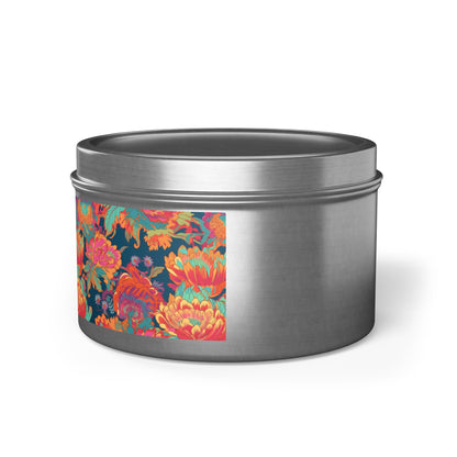 Psychedelic Flower Power Tin Candle. Far-Out Fragrance in a Tin. Available in 2 sizes, 3 finishes, and 5 scents.