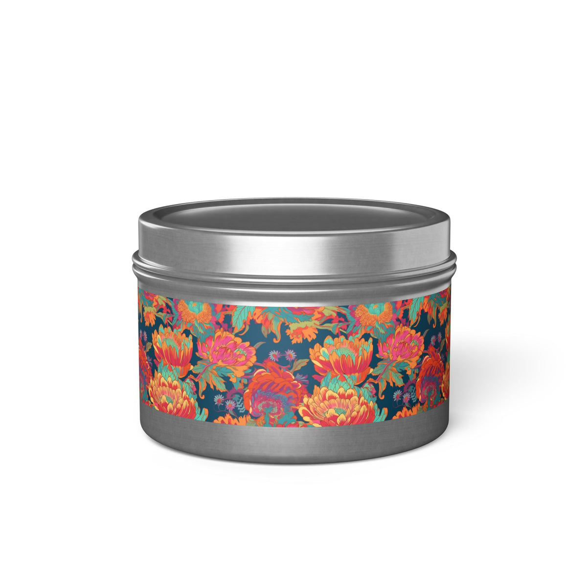 Psychedelic Flower Power Tin Candle. Far-Out Fragrance in a Tin. Available in 2 sizes, 3 finishes, and 5 scents.
