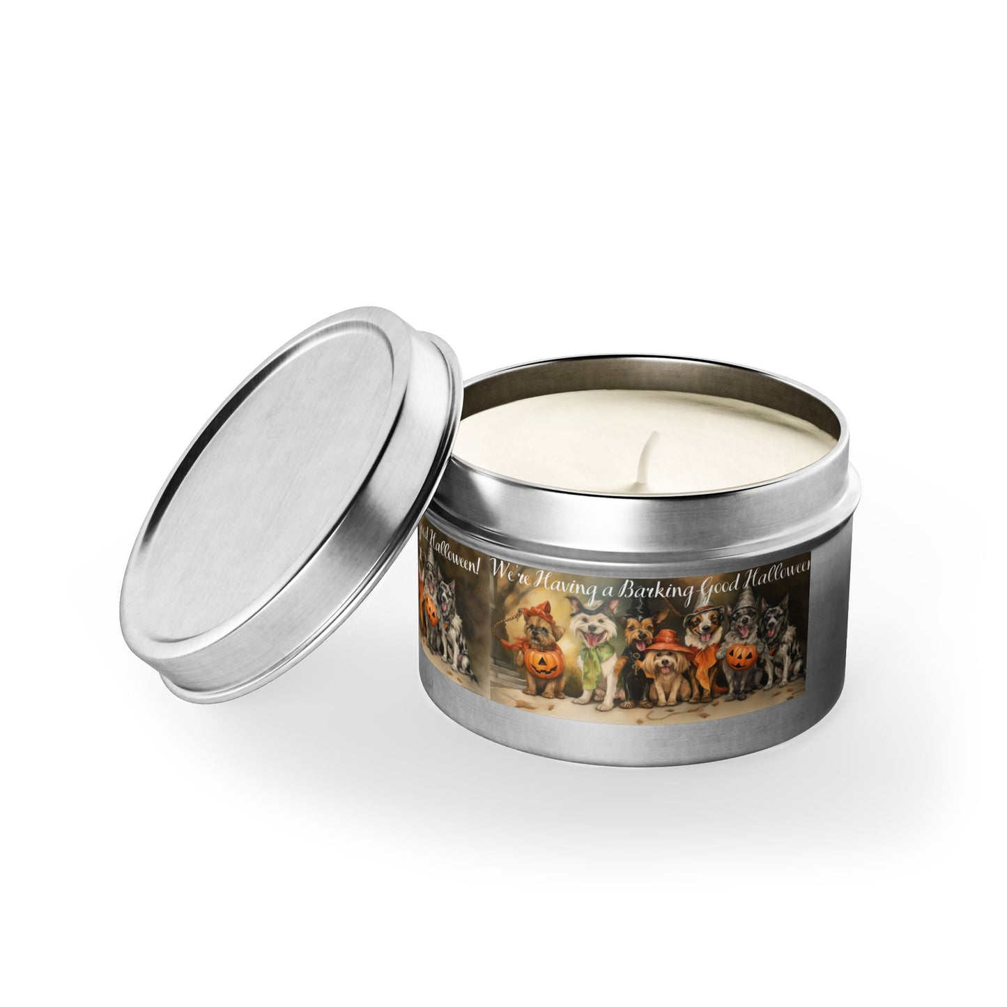 We're Having a Barking Good Halloween! Tin Candle. Spooky Treats in a Tin. Available in 2 sizes, 3 finishes, and 5 scents.