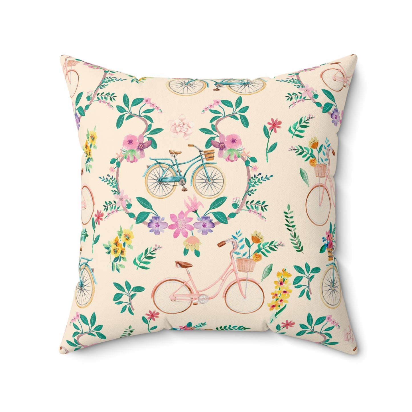 Spring Bicycle Square Throw Pillow - Spun Polyester - Double-Sided Print - Concealed Zipper - Available in 4 sizes