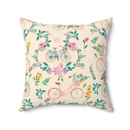 Spring Bicycle Square Throw Pillow - Spun Polyester - Double-Sided Print - Concealed Zipper - Available in 4 sizes