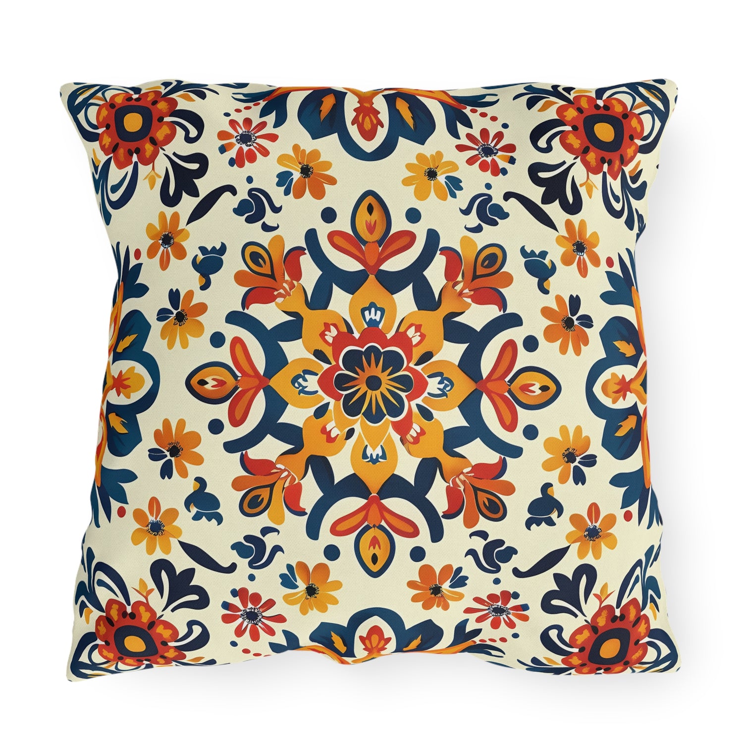 Sevilla Sunburst Square Outdoor Pillow - Spun Polyester - Double-Sided Print - UV-Resistant - Water-Resistant - Available in 3 sizes.