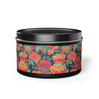 Psychedelic Flower Power Tin Candle. Far-Out Fragrance in a Tin. Available in 2 sizes, 3 finishes, and 5 scents.