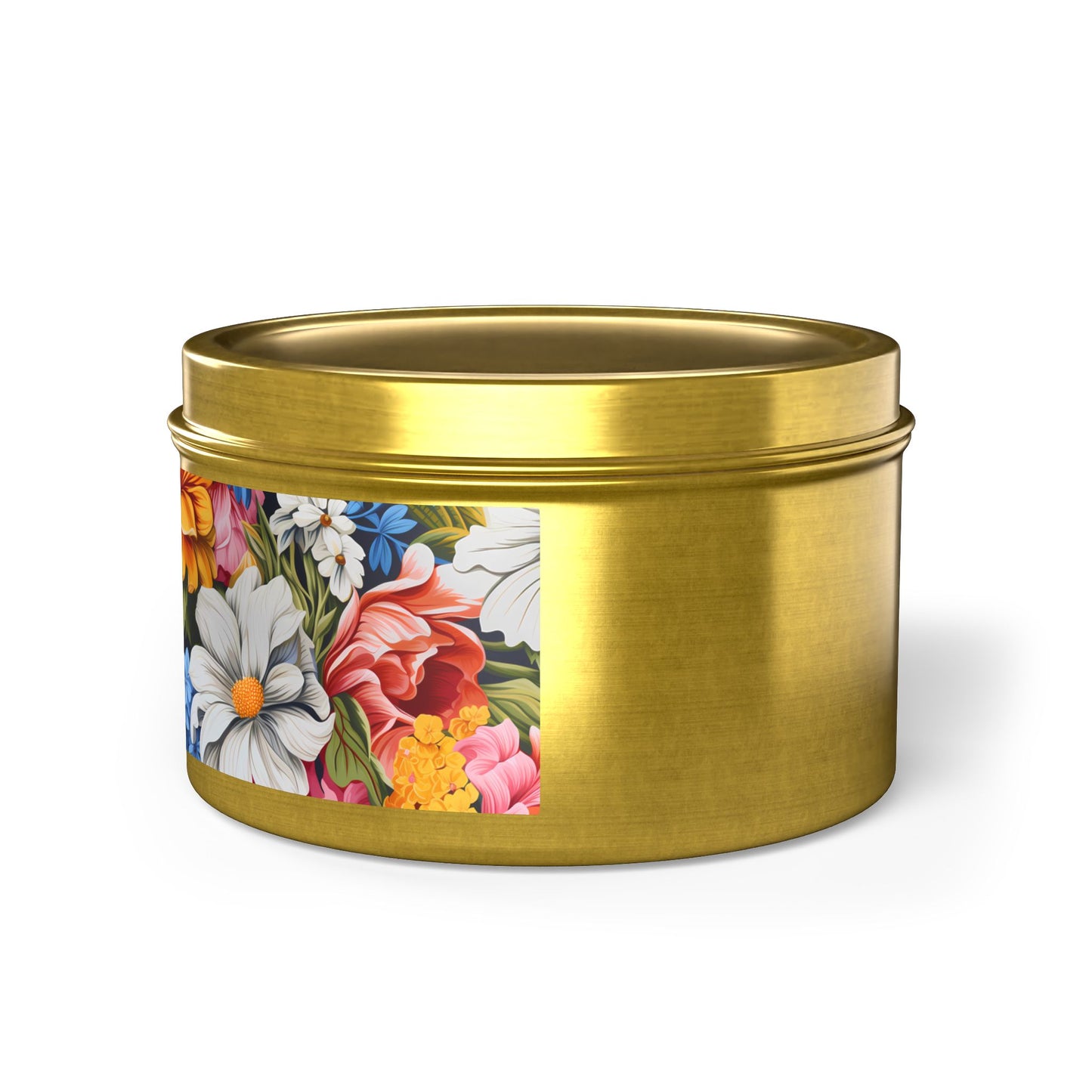 Chic Floral Tin Candle. Blooms That Travel Well. Available in 2 sizes, 3 finishes, and 5 scents.