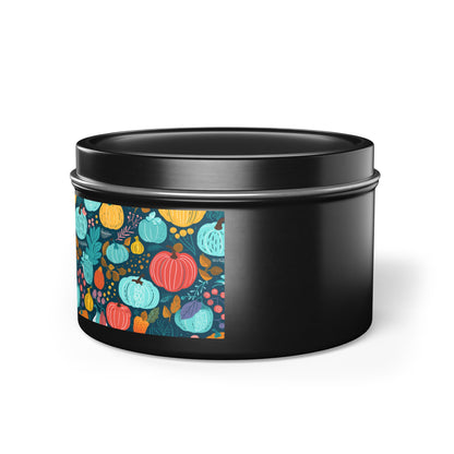 Fall Pumpkin Dance Tin Candle. Autumn's Dance in a Tin. Available in 2 sizes, 3 finishes, and 5 scents.