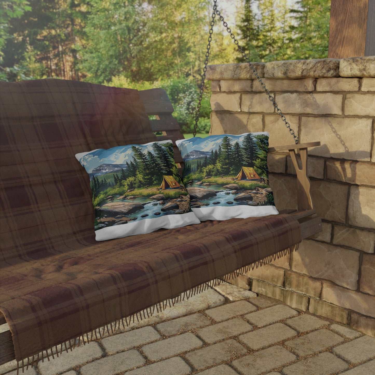 High Sierras Camp Square Outdoor Pillow - Spun Polyester - Double-Sided Print - UV-Resistant - Water-Resistant - Available in 3 sizes.