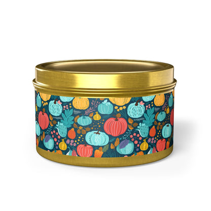 Fall Pumpkin Dance Tin Candle. Autumn's Dance in a Tin. Available in 2 sizes, 3 finishes, and 5 scents.