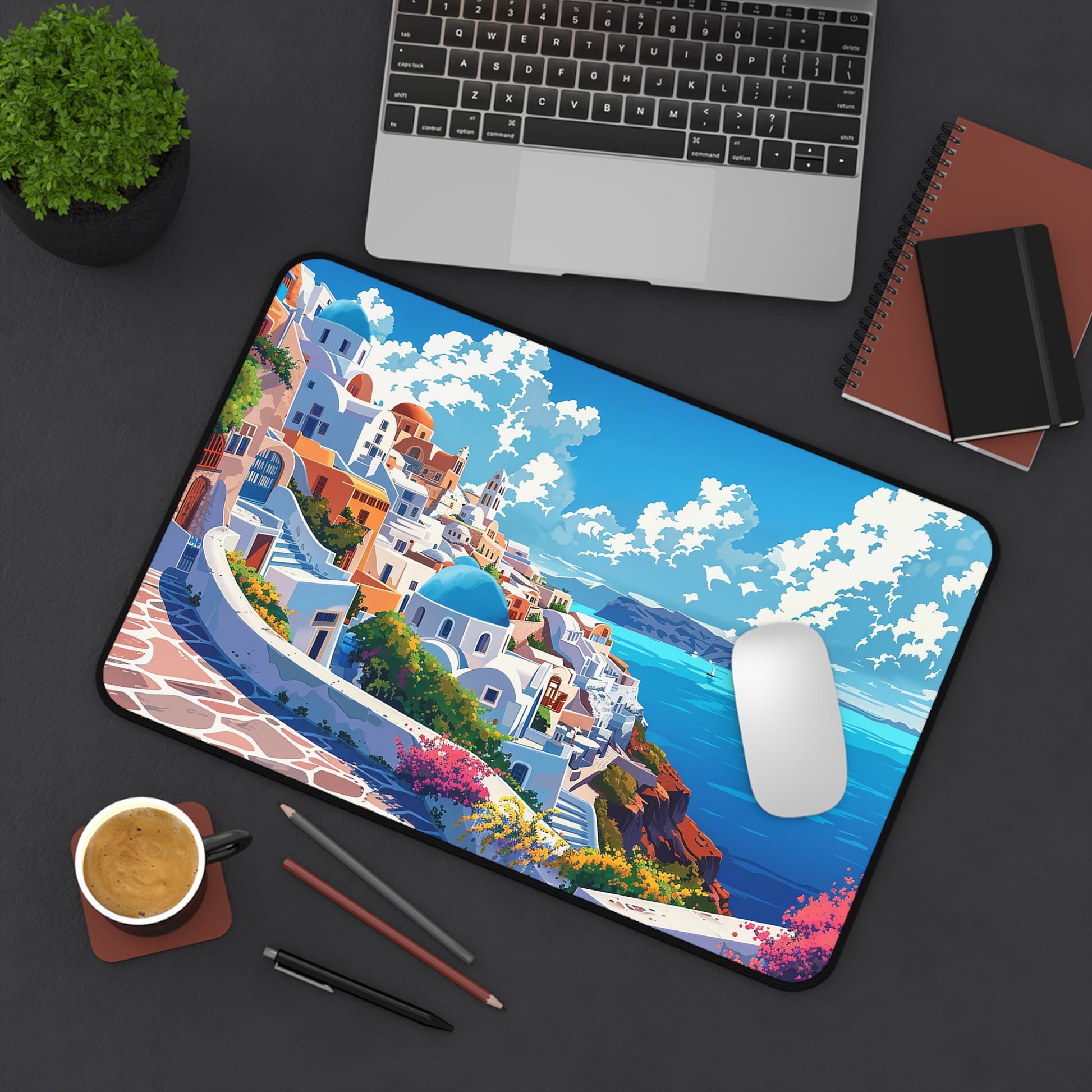 Santorini Serenity Desk Mat (Desk Pad) - Bring Mediterranean Bliss to Your Desk! Available in 3 sizes.