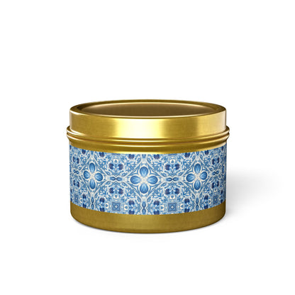 Dutch Blue Tile Tin Candle. Delft Calm, Travel Size. Available in 2 sizes, 3 finishes, and 5 scents.