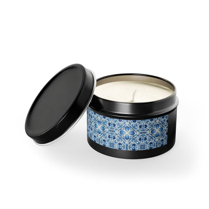 Dutch Blue Tile Tin Candle. Delft Calm, Travel Size. Available in 2 sizes, 3 finishes, and 5 scents.