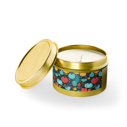 Fall Pumpkin Dance Tin Candle. Autumn's Dance in a Tin. Available in 2 sizes, 3 finishes, and 5 scents.