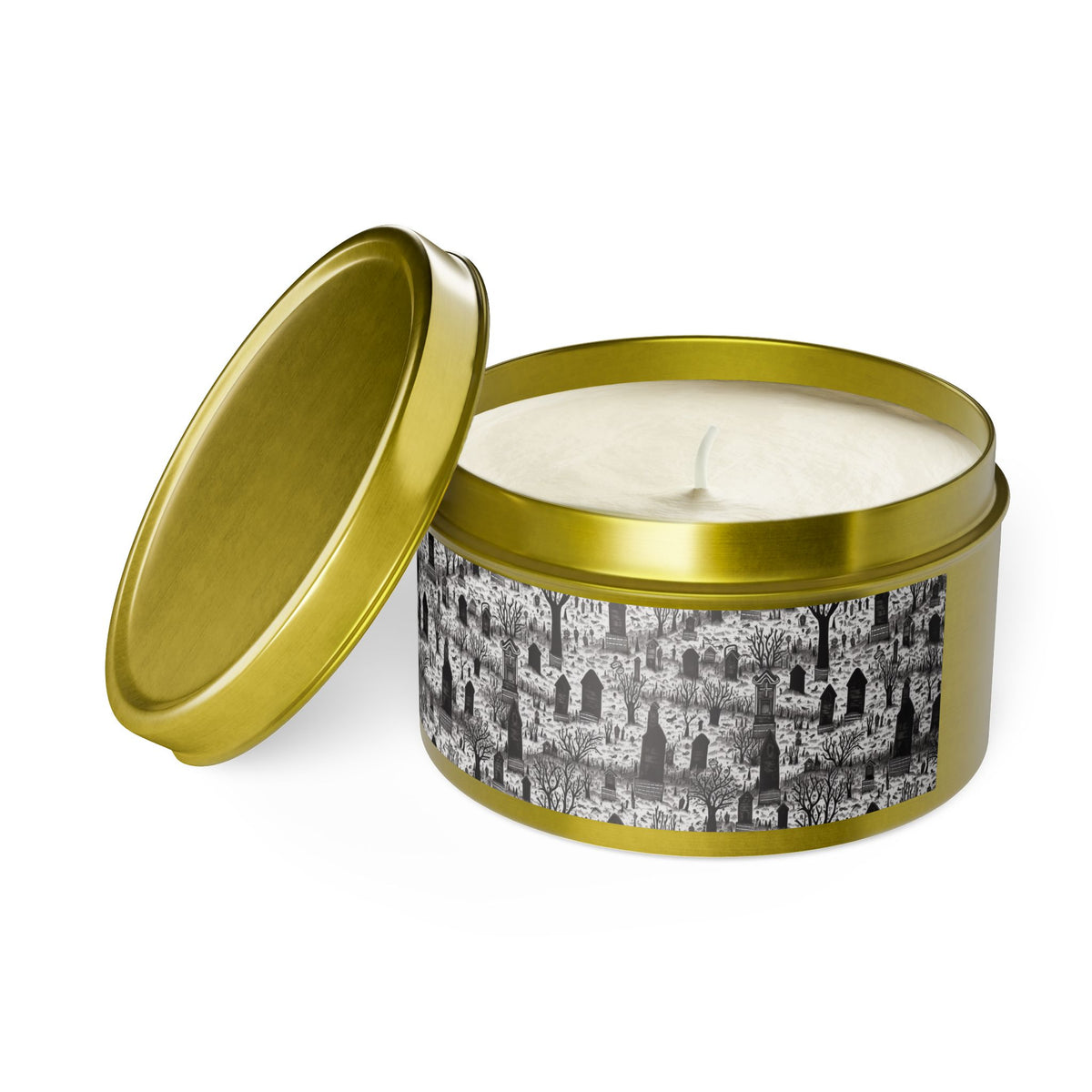Spooky Gothic Cemetery Chic Halloween Tin Candle. Haunted Elegance, Travel Size. Available in 2 sizes, 3 finishes, and 5 scents.