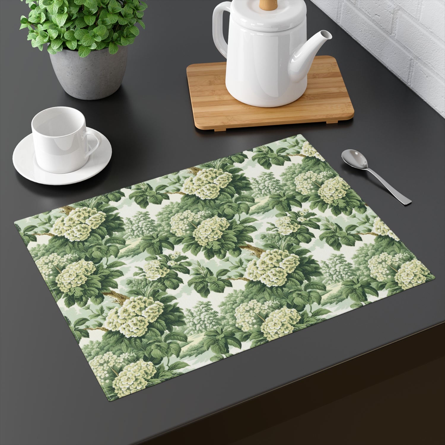 Vintage Green Hydrangea Placemat - Elegant Blooms for Timeless Meals! Cotton Twill - 18" x 14"
