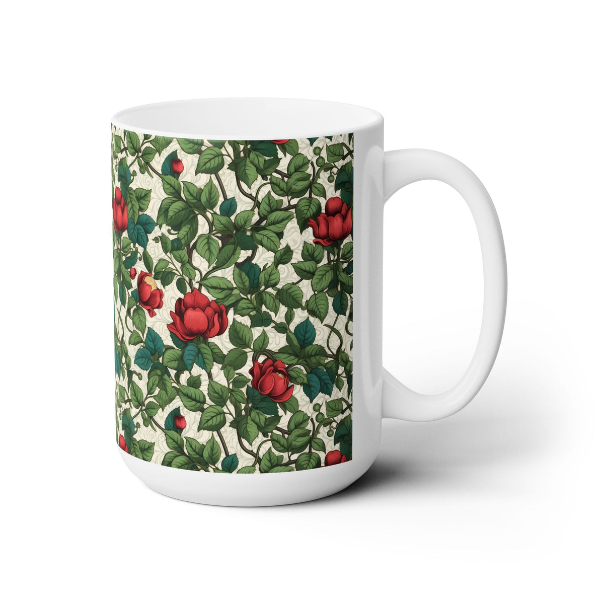 Classic Red Rose & Vine ceramic mug, right side view