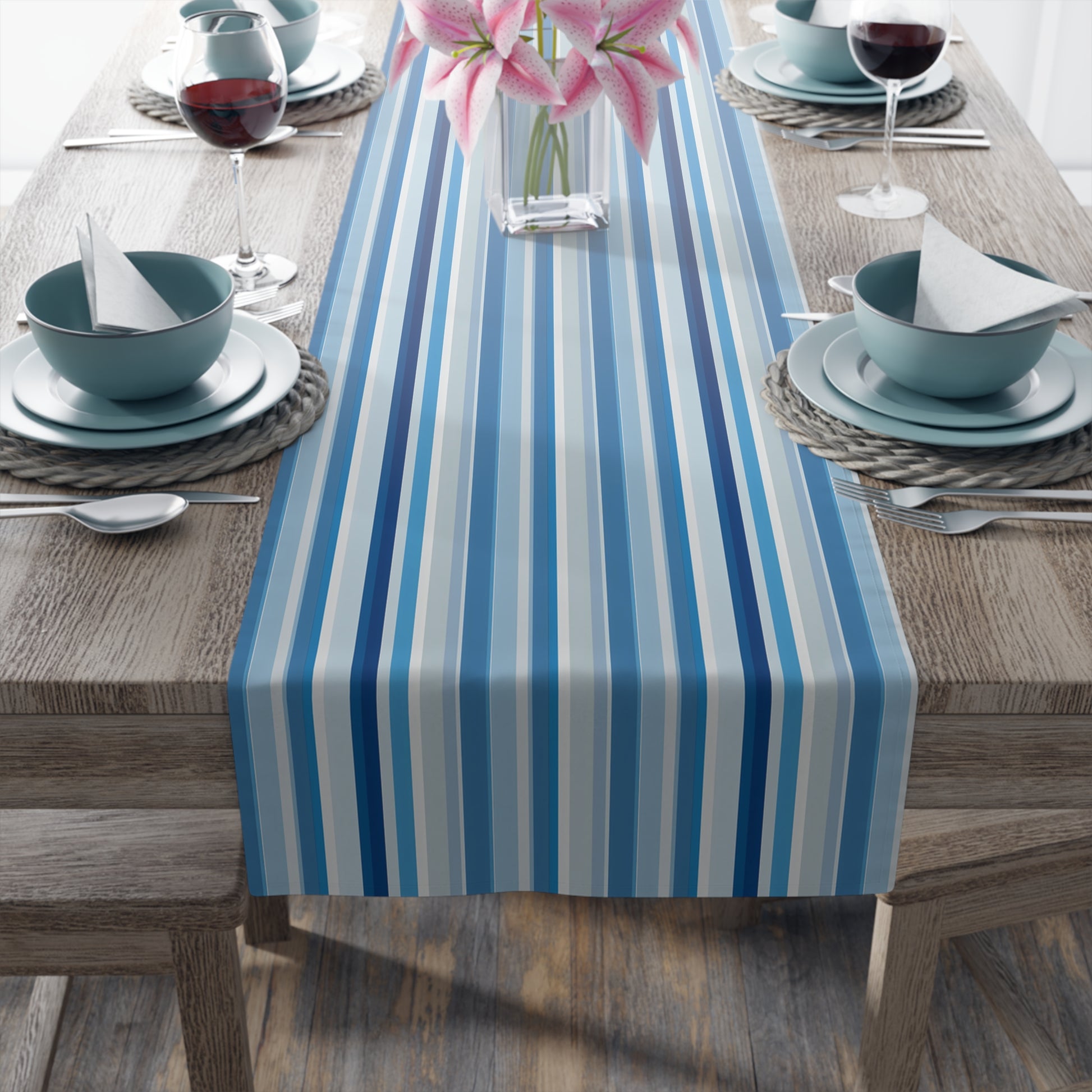 Shades of Light Blue Stripes Table Runner - Grace Your Table With a Touch of Sky-Blue Elegance! Available in 2 sizes.