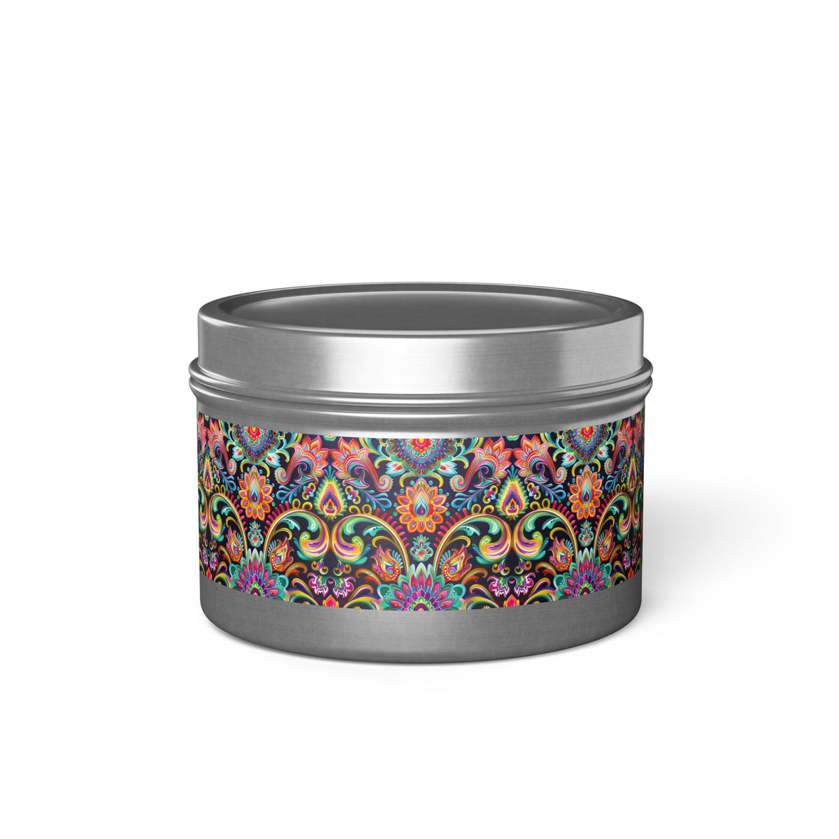 Electric Damask Tin Candle. Timeless Scrollwork, Electric Soul. Available in 2 sizes, 3 finishes, and 5 scents.