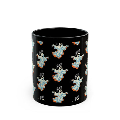 Boo! Chic Retro Ghost Halloween Black Mug - 11oz, 15oz - Sip in Spooky Style with a Retro Twist!