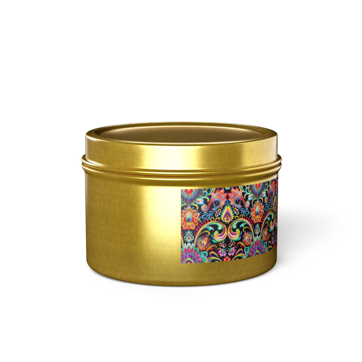 Electric Damask Tin Candle. Timeless Scrollwork, Electric Soul. Available in 2 sizes, 3 finishes, and 5 scents.