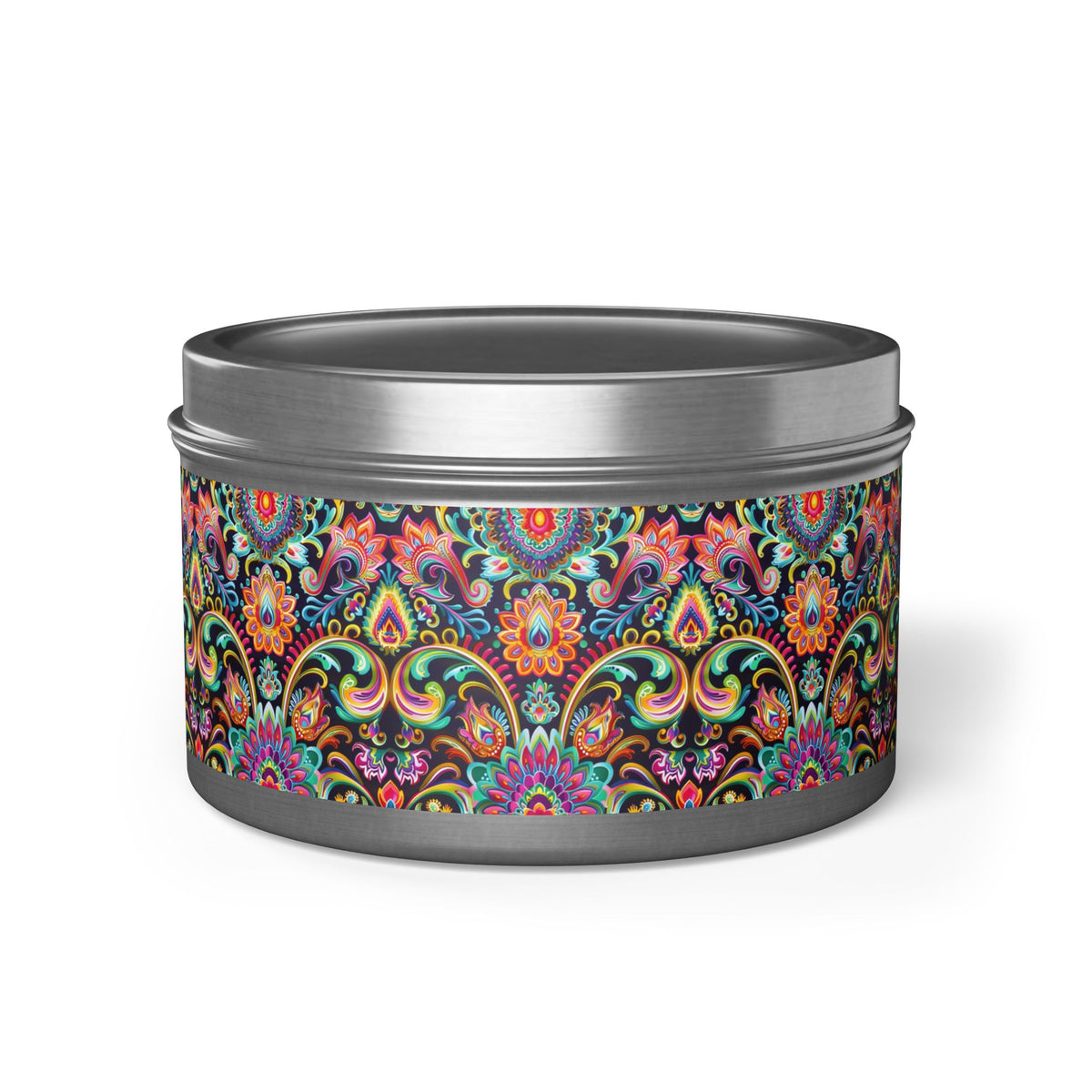 Electric Damask Tin Candle. Timeless Scrollwork, Electric Soul. Available in 2 sizes, 3 finishes, and 5 scents.