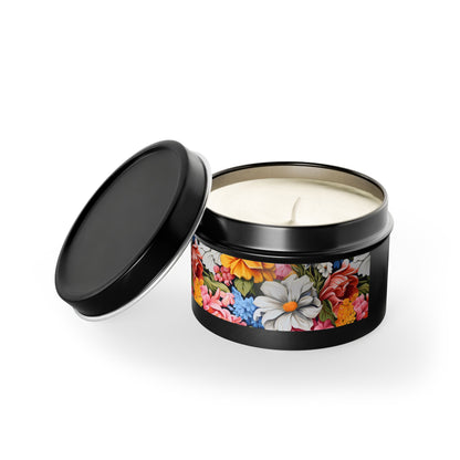 Chic Floral Tin Candle. Blooms That Travel Well. Available in 2 sizes, 3 finishes, and 5 scents.