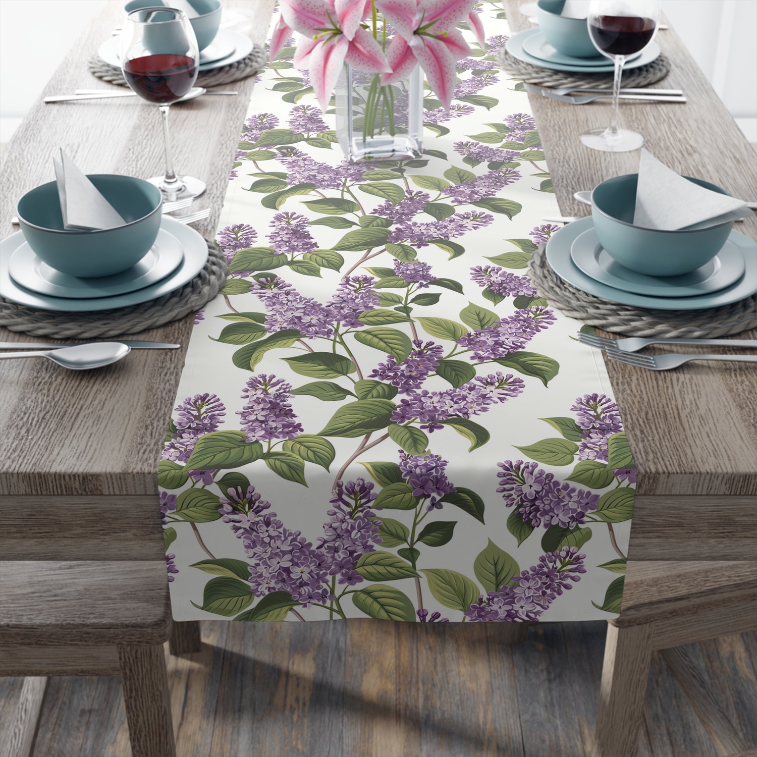 I Love Lilacs Table Runner - Embrace Serenity with Every Meal - Lilac Love on Your Table! Available in 2 fabrics and 2 sizes.