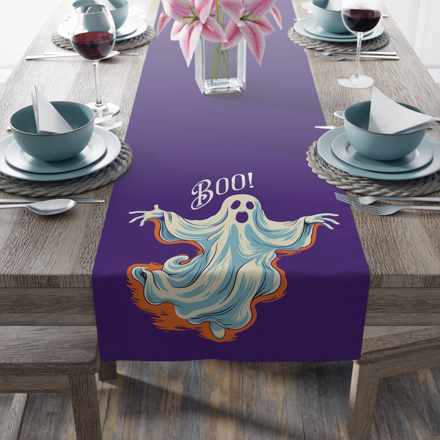 Boo! Chic Retro Ghost Halloween Purple Table Runner - Bring Retro Ghost Design to Your Halloween Festivities! - Available in 2 Sizes.