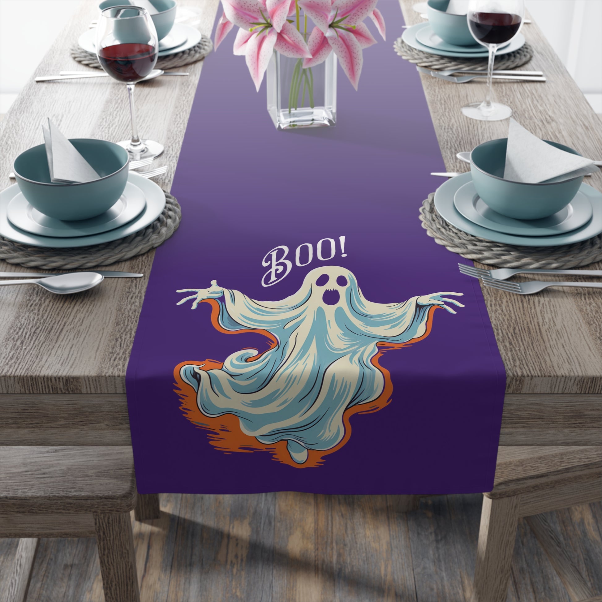 Boo! Chic Retro Ghost Halloween Purple Table Runner - Bring Retro Ghost Design to Your Halloween Festivities! - Available in 2 Sizes.